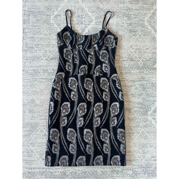 Trina Turk Dresses & Skirts - TRINA TURK Black & Silver Peacock Pattern Spaghetti Strap Cocktail Dress Size 2